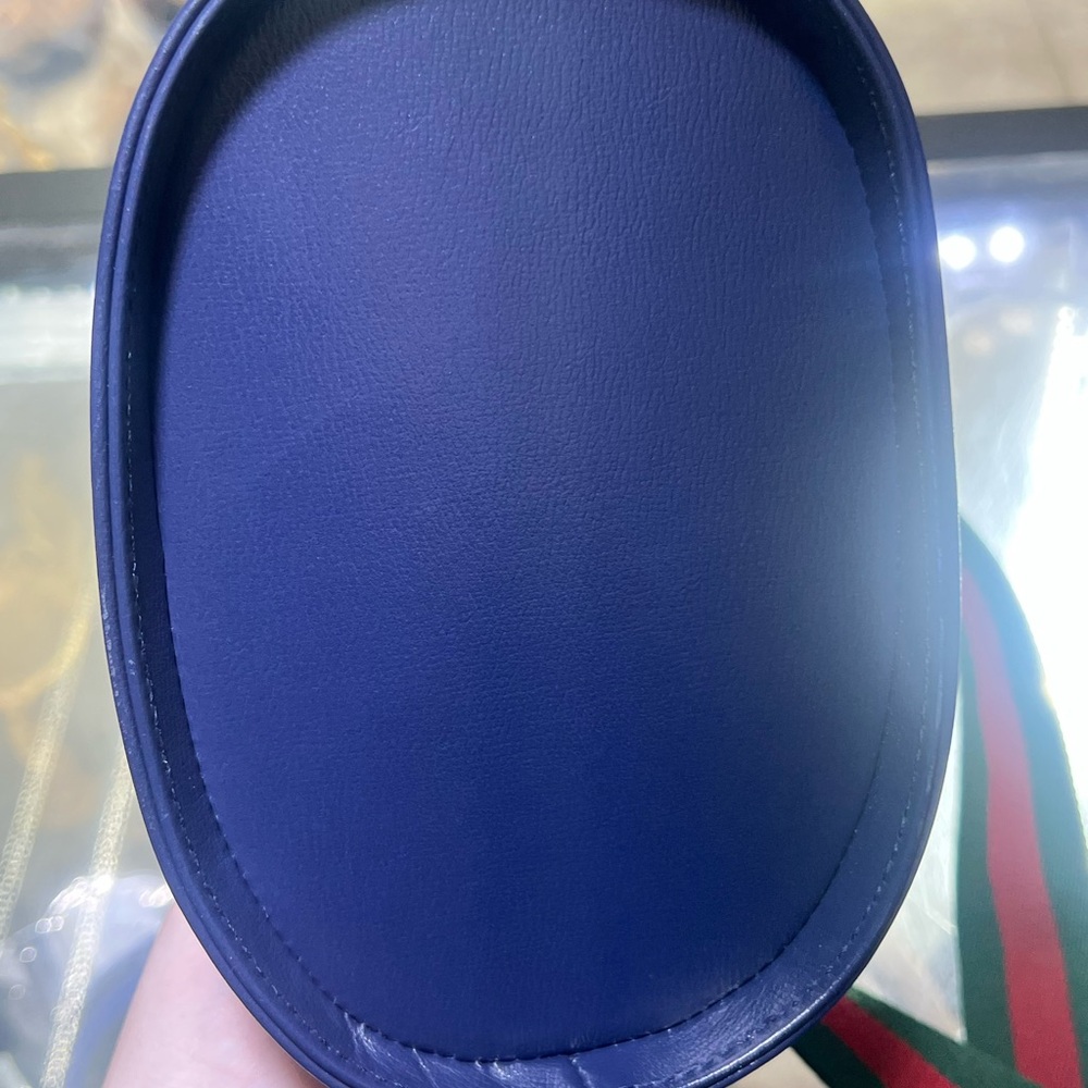 Women’s Navy Leather Bucket Bag with Green-Red Strap - Picture 9 of 16